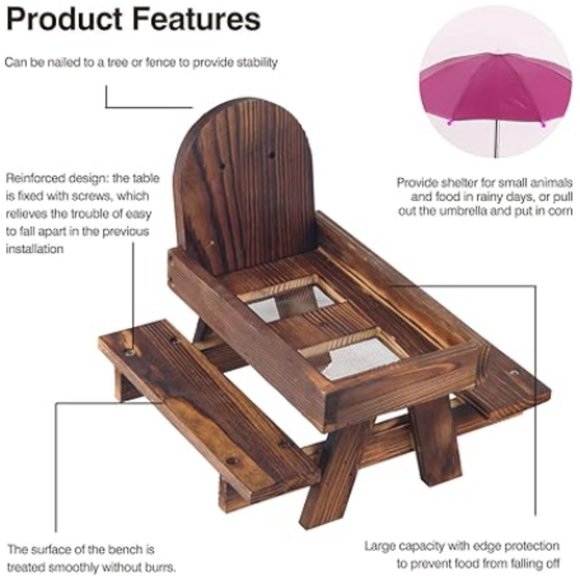 Squirrel & Chipmunk Miniature Wooden Picnic Table - Feeder w/ Removable Umbrella - Picture 3 of 10